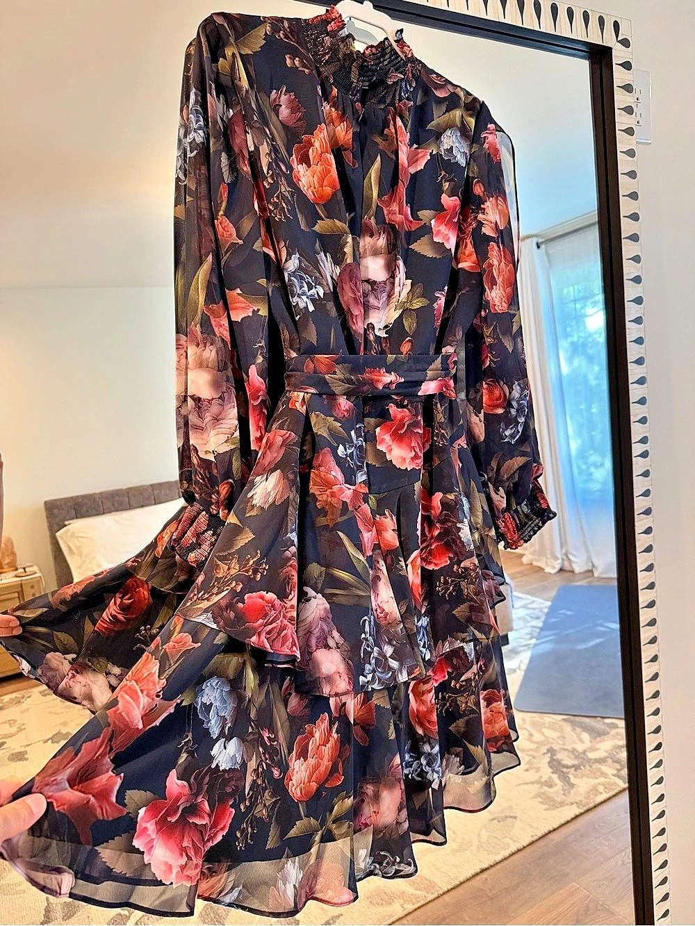 Alex Marie Dark Floral Chiffon Mock Neck Tiered Dress Size 16 Like New
